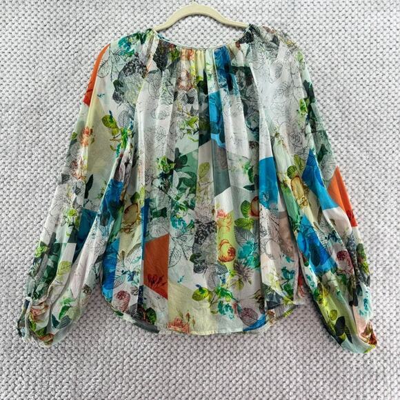 LEIFSDOTTIR Top Women 4 Green Silk Floral Catappa Blouse Crew Neck Ballon Sleeve - Picture 10 of 16